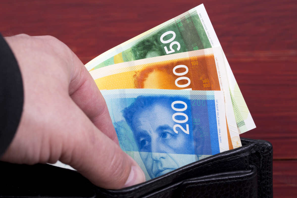 hand showing banknotes from israel in a black wallet