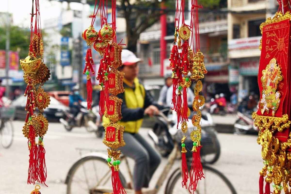 Vietnamese New Year Decoration on a Blurred Background of a Street