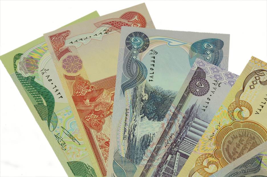 Colorful Iraqi dinar banknotes with intricate designs, Arabic script, and vibrant imagery.