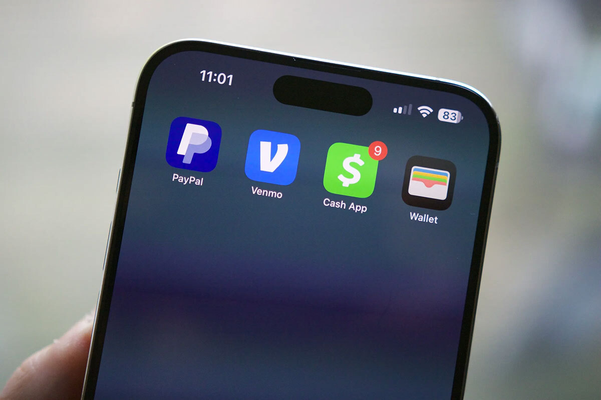 Smartphone screen showing app icons: PayPal, Venmo, Cash App, and Wallet
