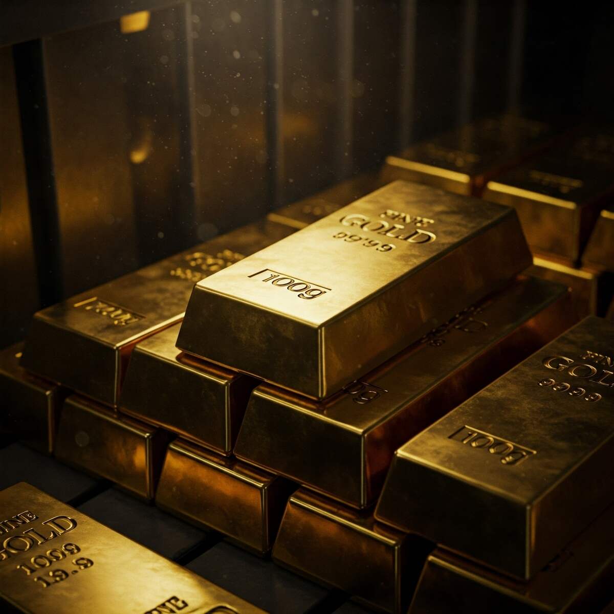 Stacked gold bars glowing in dim light, symbolizing wealth and value.